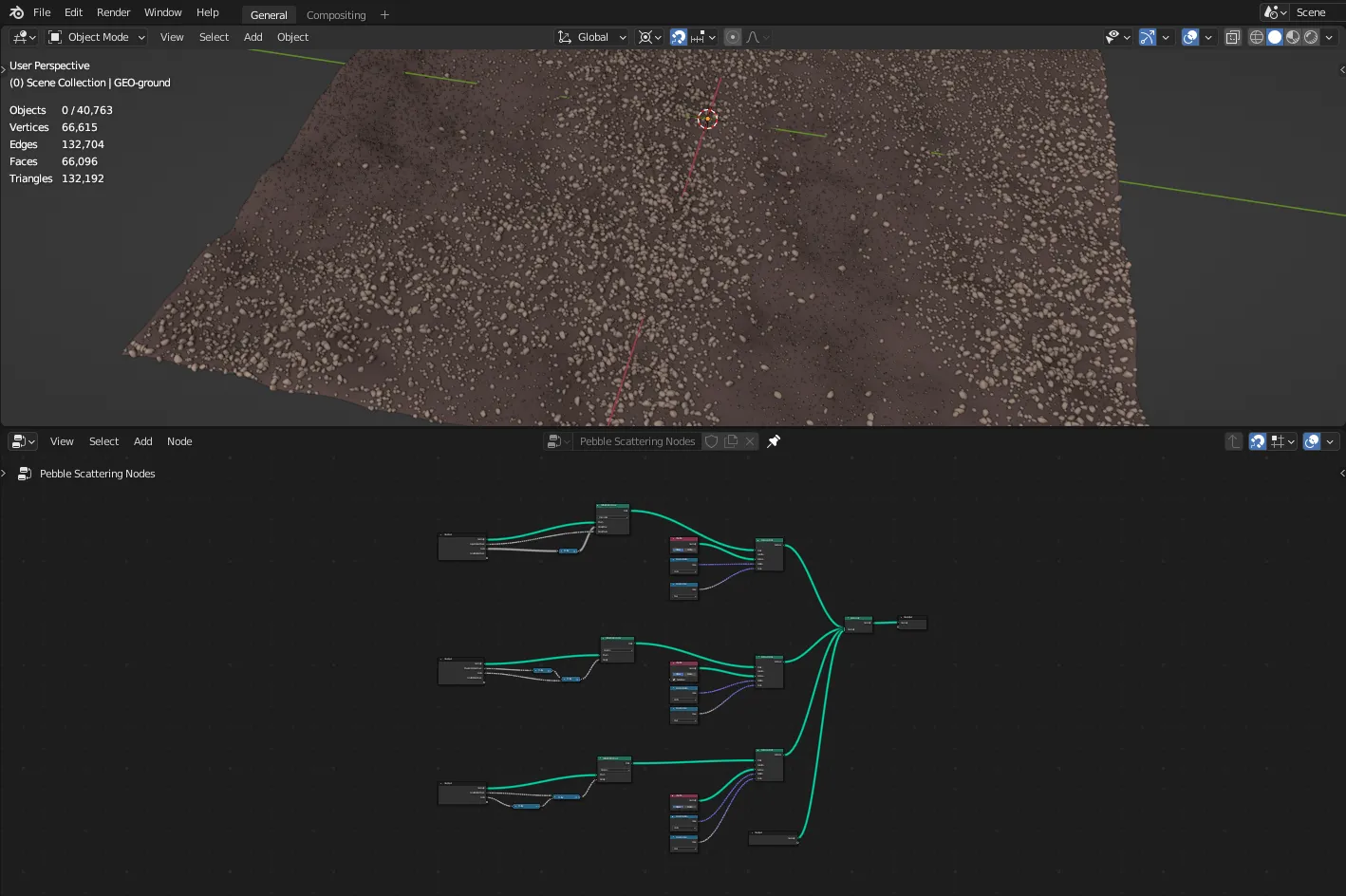 Blender のジオメトリノード。上のビューポートの結果を、下のノードグラフが作っている — Simon Thommes / CC BY 4.0(トリミングして使用)